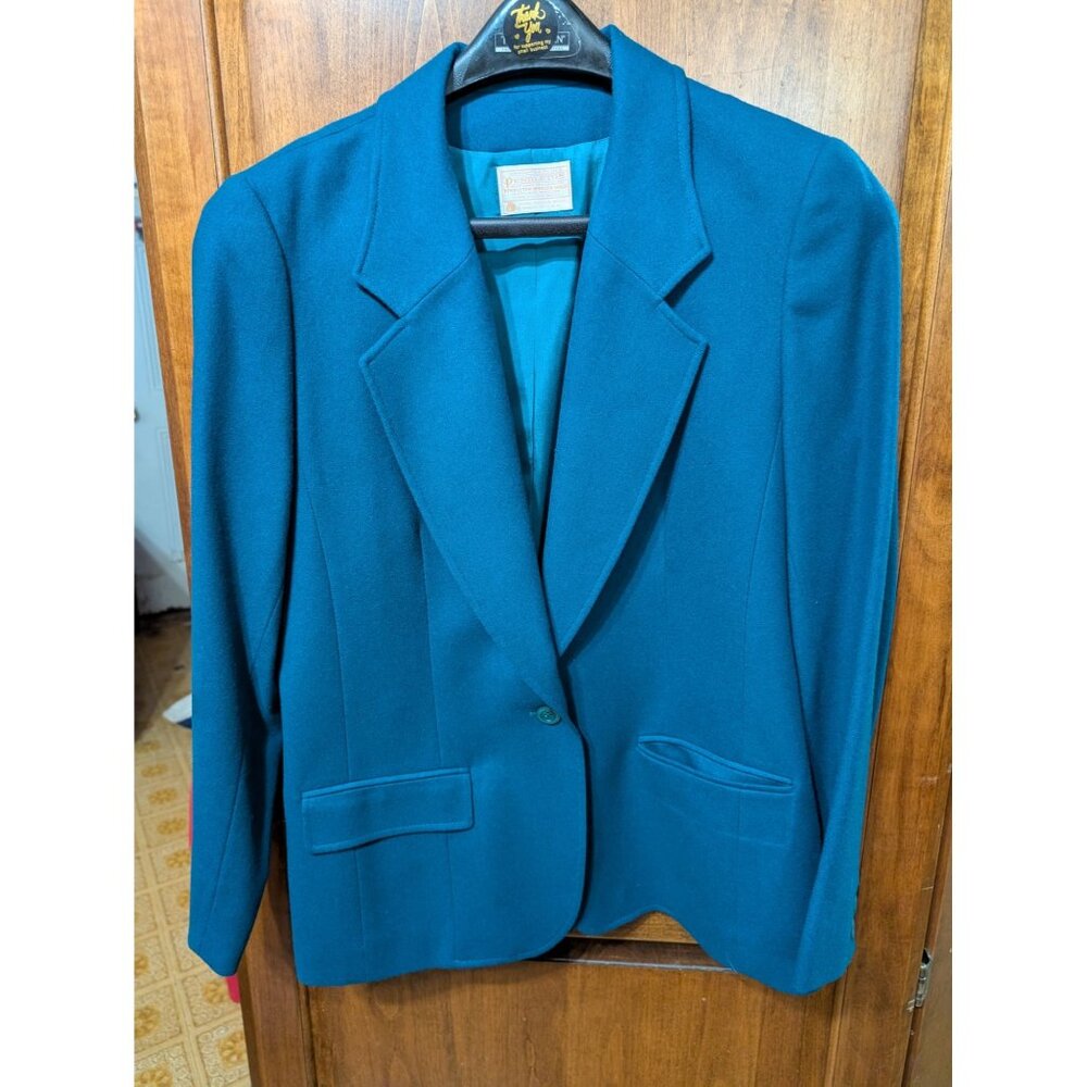 PENDLETON Blazer Womens 14 Virgin Wool Suit Jacket One Button Teal USA 1980s VTG